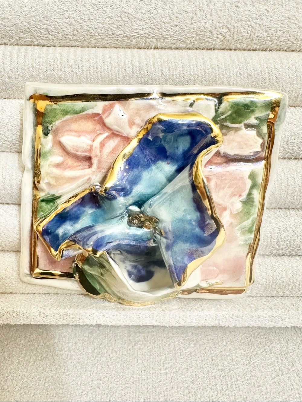 Decorative Blue Floral Ceramic Tile Brooch